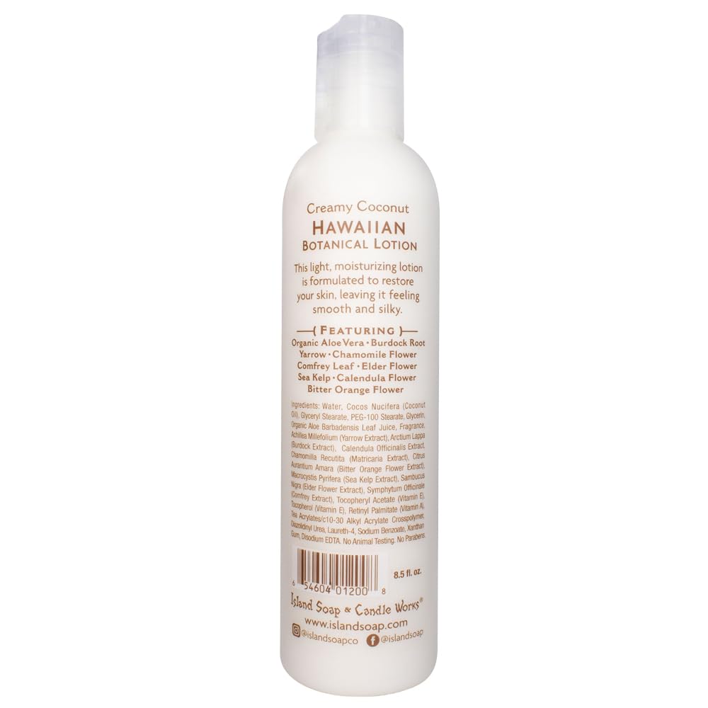 Island Soap and Candle Works Botanical Coconut Scented Body Lotion for Men and Women - Paraben Free Body Moisturizer - Hydrating Hawaiian Skincare - Creamy Coconut - 8.5 Fl Oz. Bottle