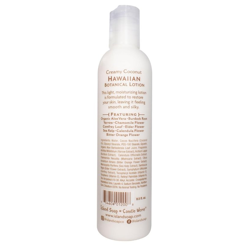Island Soap and Candle Works Botanical Coconut Scented Body Lotion for Men and Women - Paraben Free Body Moisturizer - Hydrating Hawaiian Skincare - Creamy Coconut - 8.5 Fl Oz. Bottle