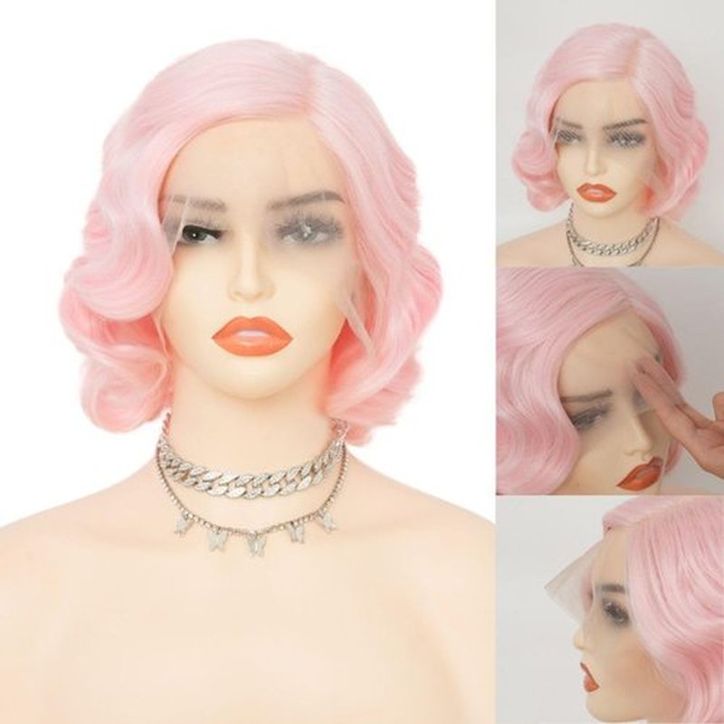 Siudus Finger Wave Lace Front Wig for Women Short Pink Curly Wig Retro Hair Wigs Mommy Wig for Cosplay Daily Party Use
