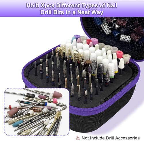81 Holes Nail Drill Bit Holder, (ONLY CASE) Nail Bits Display Organizer Container, Nail Bits Container Box Case with High Density Foam, Efile Nail Bits Professional Manicure Tools, (Purple)