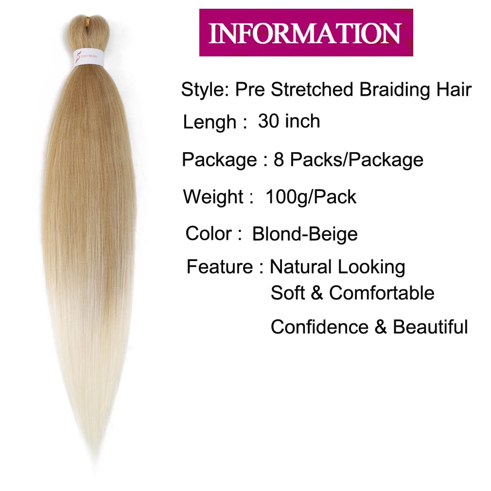 Pre stretched Braiding Hair 30 Inch 8 Packs Professional Hair Extensions Synthetic Braid Hair Crochet Braids Soft Yaki Texture Hot Water Setting(30",mixed blond & beige)