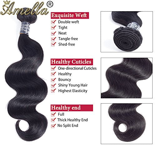 Amella Hair 8A Brazilian Body Wave Virgin Hair 3 Bundles 18 18 18inch 100% Unprocessed Virgin Human Hair Weave Bundles Natural Black Remy Hair