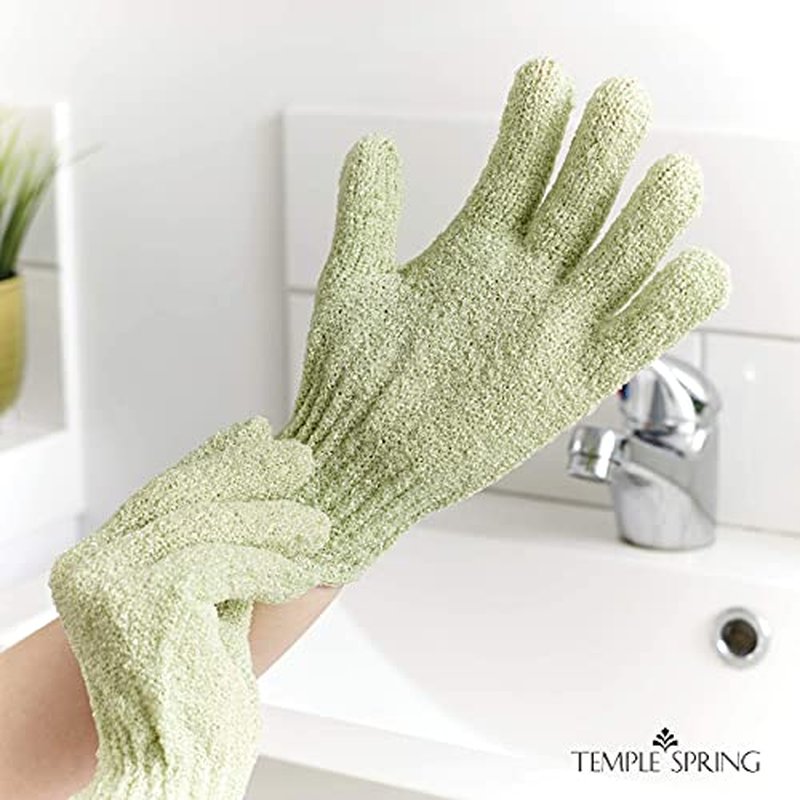 Temple Spring Exfoliating Gloves - Rayon Bamboo Bath/Shower Gloves, Bath Gloves for Shower Exfoliating and Ingrown Hair/Dead Skin Remover - Exfoliator Mitt Scrub Gloves - Sage Green