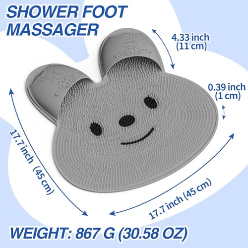 Manmihealth Extra-Large Shower Foot Scrubber Mat with Non-Slip Suction Cups, Rabbit-Shaped Silicone Foot Scrubber in Shower for Men & Women (Gray)