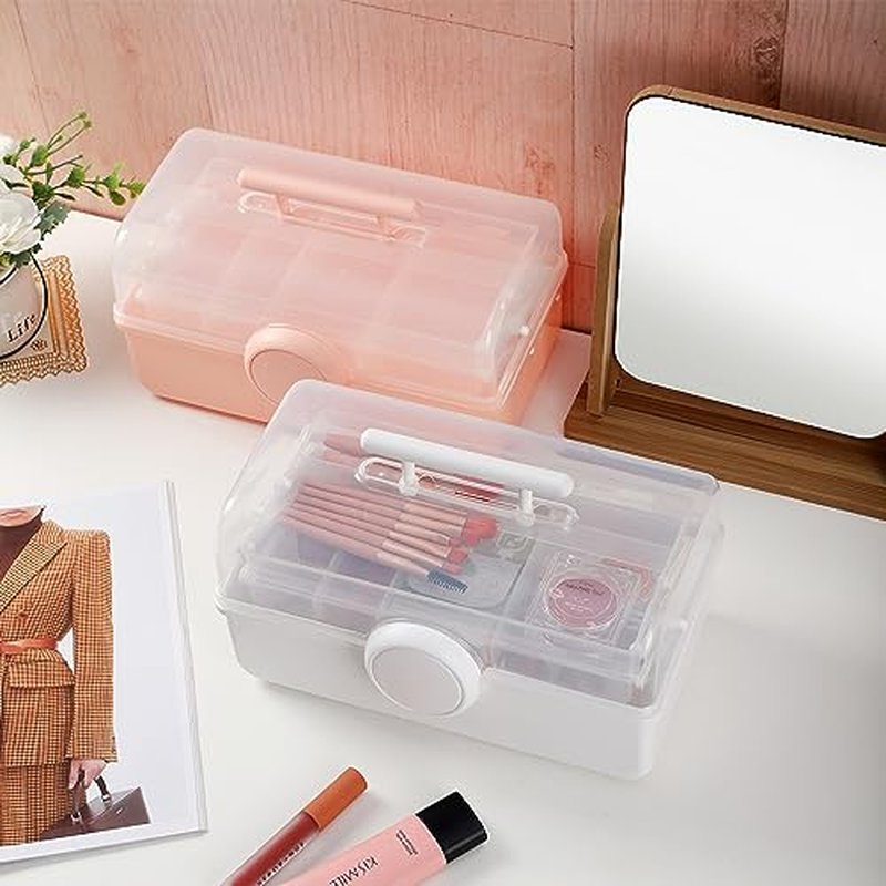 RAMFIYN Pink Makeup Storage, Pink Tackle box for Women with Handle. Cosmetic Storage Box Organizer, Portable 3 Layers Makeup Case for Home