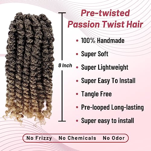 Pre-twisted Passion Twist Crochet Hair 8 Inch 8 Pack Pre-looped Crochet Passion Twist Hair Short Crochet Hair for Women Boho Crochet Hair Braids 1B/27