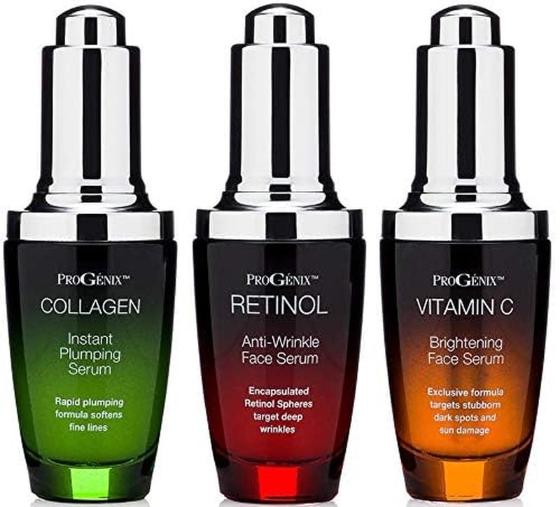 Progenix Professional Skin Care Set. Anti-aging Serum Set Contains Collagen Serum, Retinol Serum, Vitamin C Serum. Helps W/Appearance Of Wrinkles, Plump Skin, & Brighten Skin, 1 Fl Oz (3-Pack)