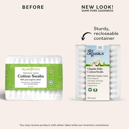 Sky Organics - Organic Baby Cotton Swabs, 180 ct. - Ultra Soft Baby Safe Tips - Strong & Durable - Hypoallergenic - Chlorine Free - with Ebook - Natural, Vegan & Cruelty Free - Skin Care & Baby Care