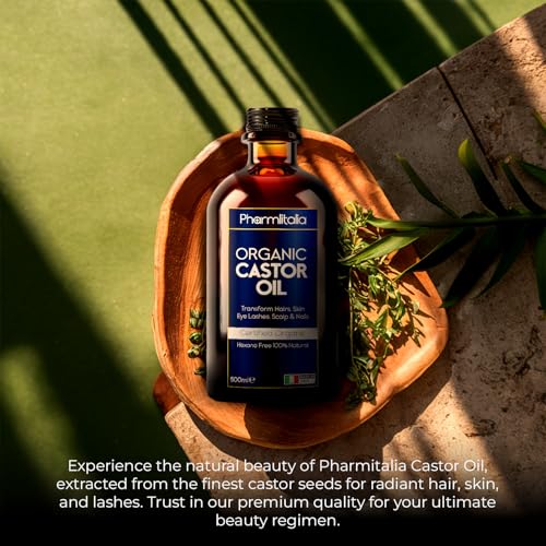 Pharmlitalia Organic Golden Castor Oil Cold Pressed Unrefined Glass Bottle - Hexane free Golden Castor Oil for face, hairs, Eyelashes, Skin care and Nails - 500ml