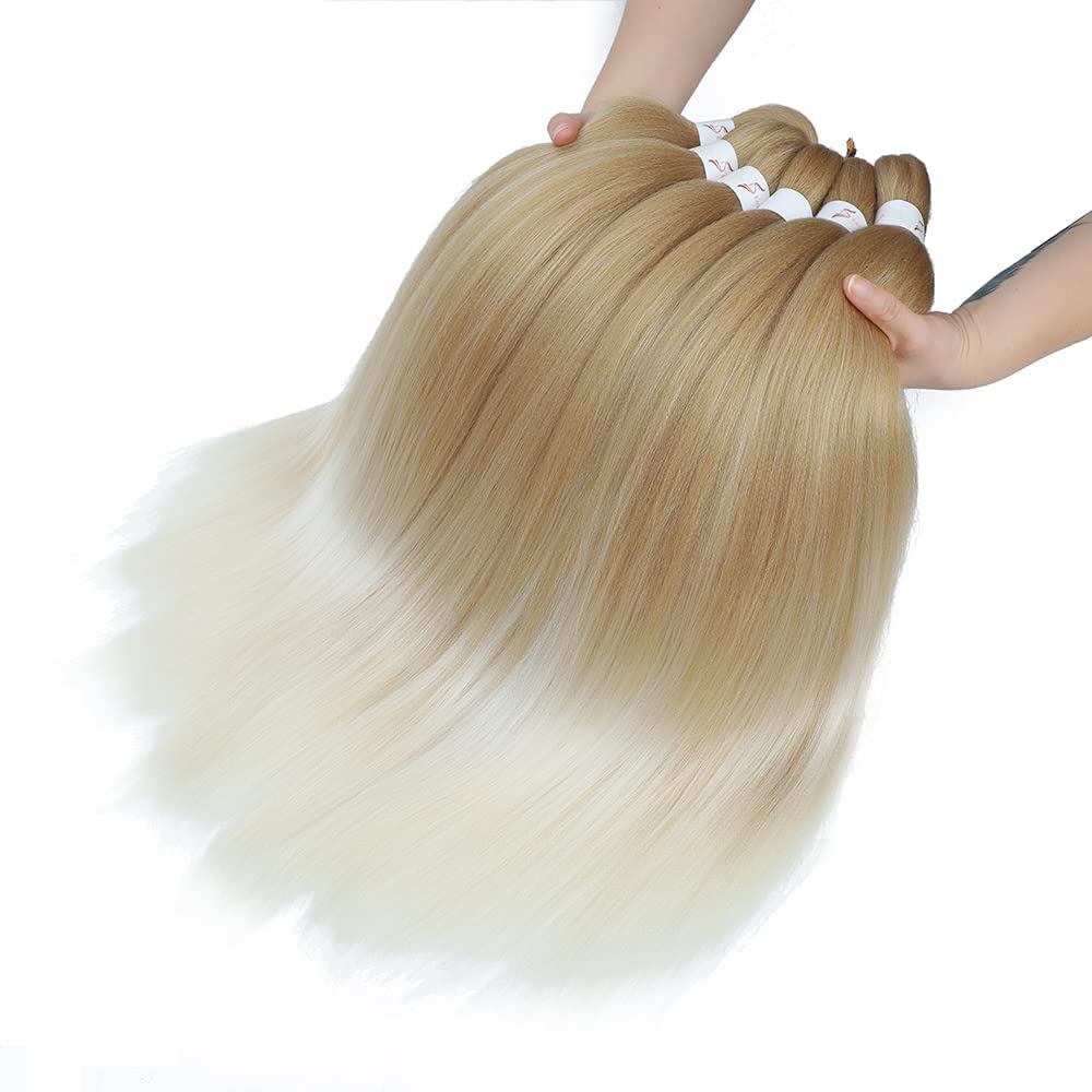 Pre Stretched Braiding Hair 26 Inch Two Tone Ombre Brown Blonde Braiding Hair 8 Packs Long Hair Extensions for Braiding Twist Braids Hot Water Setting Yaki Straight Synthetic Hair for Women