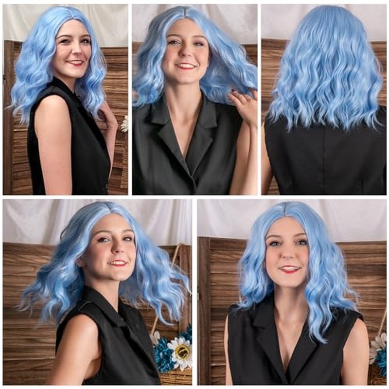 BEAUTIFA Dark Purple Wig for Women, Wavy Curly Purple Bob Wigs Middle Part 14 Inch Shoulder Length Heat Resistant Synthetic Colorful Wig