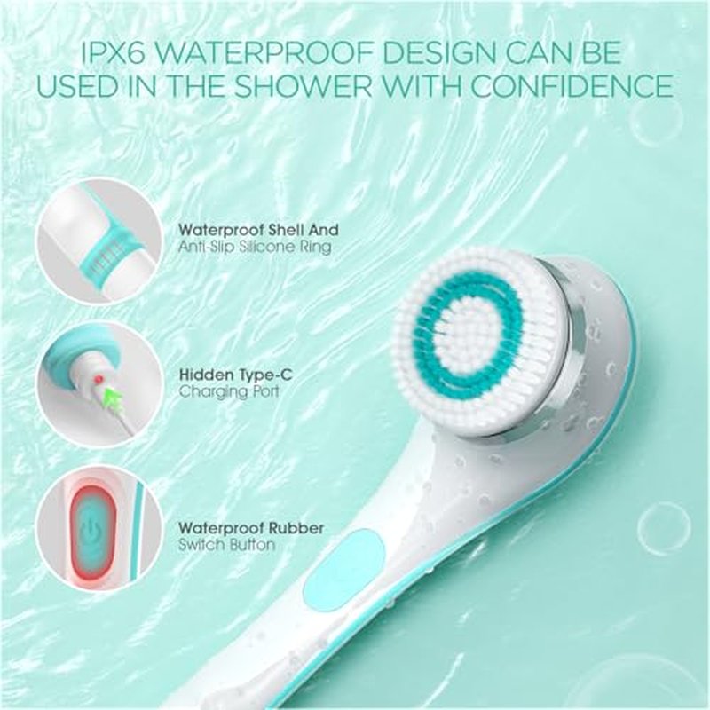 VOYOR Electric Body Brush Back Scrubber for Shower Rechargeable Exfoliating Bath Brush Powered Shower Brush with Non-Slip Long Handle Deep Cleansing, Exfoliation, Massaging Spin Brush BC100 (Blue)