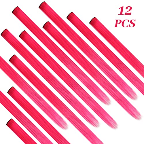 YaFex 12 Pcs Clip in Hair Extensions, 22 Inch Colored Hair Extensions Party Highlights Long Straight Synthetic Hairpieces for Women Kids Girls (Hot Pink)