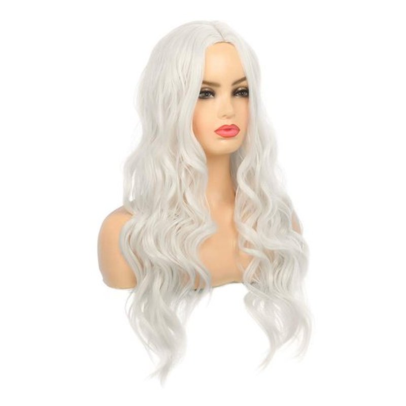 Wiwige Women Long Curly Wavy White Wigs Synthetic Heat Resistant Halloween Costume Cosplay Hair Wig with Wig Cap