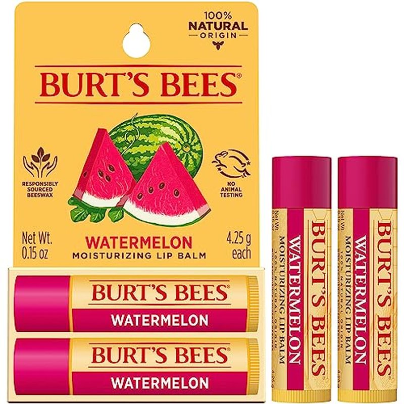 Burt's Bees Lip Balm Easter Basket Stuffers - Watermelon, Lip Moisturizer With Responsibly Sourced Beeswax, Tint-Free, Natural Conditioning Lip Treatment, 2 Tubes, 0.15 oz. (Pack of 2)