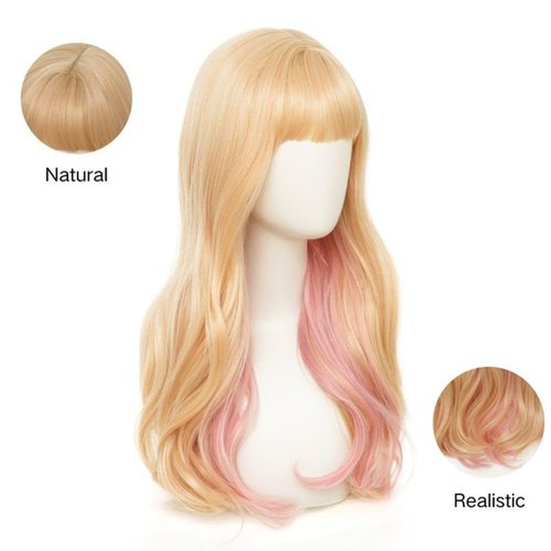 Salaibs Blonde Pink Wig Long Curly Wavy Wig for Women with Bangs Natural Synthetic Cosplay Daily Party Custome Hair Wig