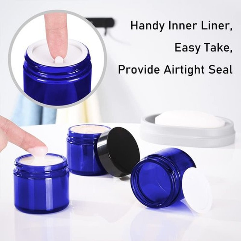 1 oz Blue Glass Jars with Lids, Bumobum 120 pack Small Jars with Black Lids, White Labels & Inner Liners, Empty Round Cosmetic Containers for Cream, Lotion