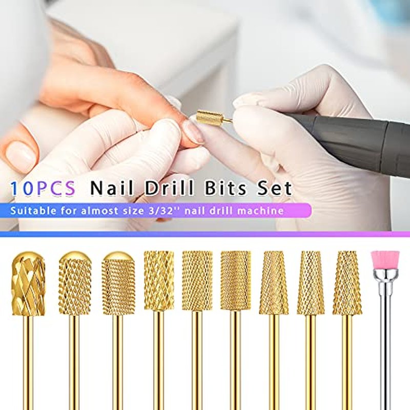 10 Pcs Nail Drill Bits Set, Tungsten Carbide Nail Bits for Nail Drill, Remove Acrylic Nail Gel Nail Polish, 3/32 Inch Bits Manicure Pedicure Tools for Salon Home Nail Supplies(Gold)