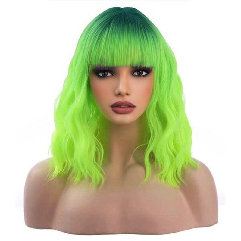 incohair 14inch Ombre Green Wigs for Women 14 Inches Short Wavy Fluorescent Green Wig With Bangs Fluorescent Green Short Wigs for Cosplay Party Daily Wigs Wig Cap Included