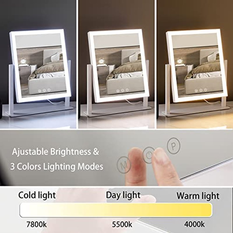 HIEEY Hollywood Vanity Mirror with Lights, Makeup 9 Dimmable Bulbs Three Color Lighting Modes, and 5X Magnification Mirror, Smart Touch Control, 360°Rotation (White)