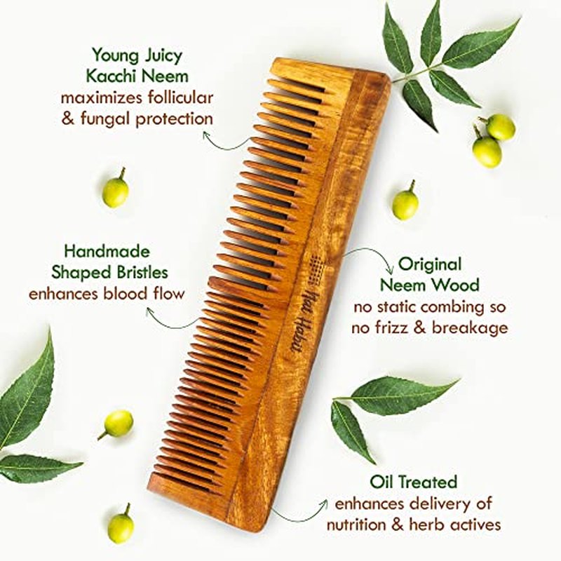 Nat Habit - Back To Natural Secrets Everyday Kacchi Neem Comb Treated With Neem Oil, Bhringraj & 17 Herbs (Dual Tooth) 18-20Cm Length Brown