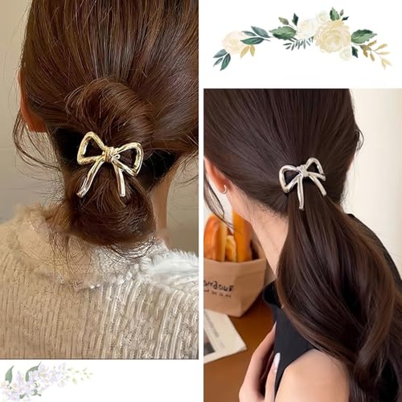 Metal Bow Hair Tie Ponytail Holders Hair Cuff Gold & Silver Metal Hair Ties Scrunchies Hair Accessories for Women Hair Elastic Rubber Bands for Hair No Damage 2 PCS (style-01)