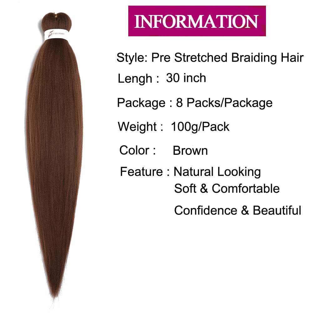 Pre stretched Braiding Hair 30 Inch 8 Packs Professional Hair Extensions Synthetic Braid Hair Crochet Braids Soft Yaki Texture Hot Water Setting(30",brown)