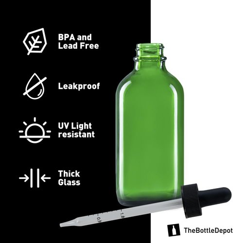 The Bottle Depot - 2 Pack - 4 oz Glass Bottle with Dropper - Green - 22-400 Neck Finish - Boston Round Bottles - Leakproof Essential Oils Bottles