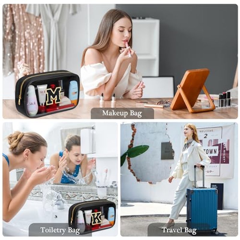 YOOLIFE Initial Make Up Bag Travel Toiletry Bag, Clear Makeup Bag Preppy Cosmetic Bags Organizer Travel Essentials Gifts for Women Teen Girlfriend Teacher Mom Brithday Mothers Day Gifts