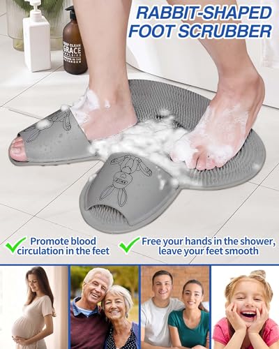 Manmihealth Extra-Large Shower Foot Scrubber Mat with Non-Slip Suction Cups, Rabbit-Shaped Silicone Foot Scrubber in Shower for Men & Women (Gray)
