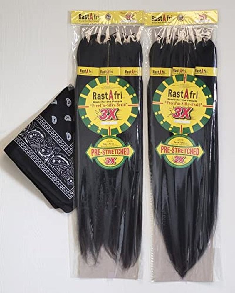 RastAfri Pre-Stretched Silky Braiding Hair 3X with Bandana - 2 Packs (#1)