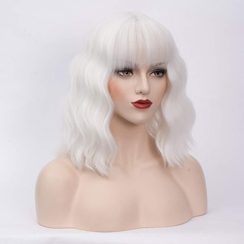 BUFASHION 14" Women Short Wavy Curly Wig White Bob Wig Cosplay Halloween Synthetic Wigs With Neat Bang Wig With Free Wig Cap (White 1)