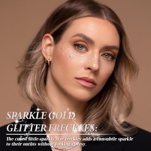 FGRGIKI Glitter Freckles Face Tattoo, Gold - Face Glitter Sparkle Freckles - Makeup Patches, Gold Freckles for Face, Cute Glitter Makeup Accessories for Women, Cosmetic Glitter for Face- 10 Counts