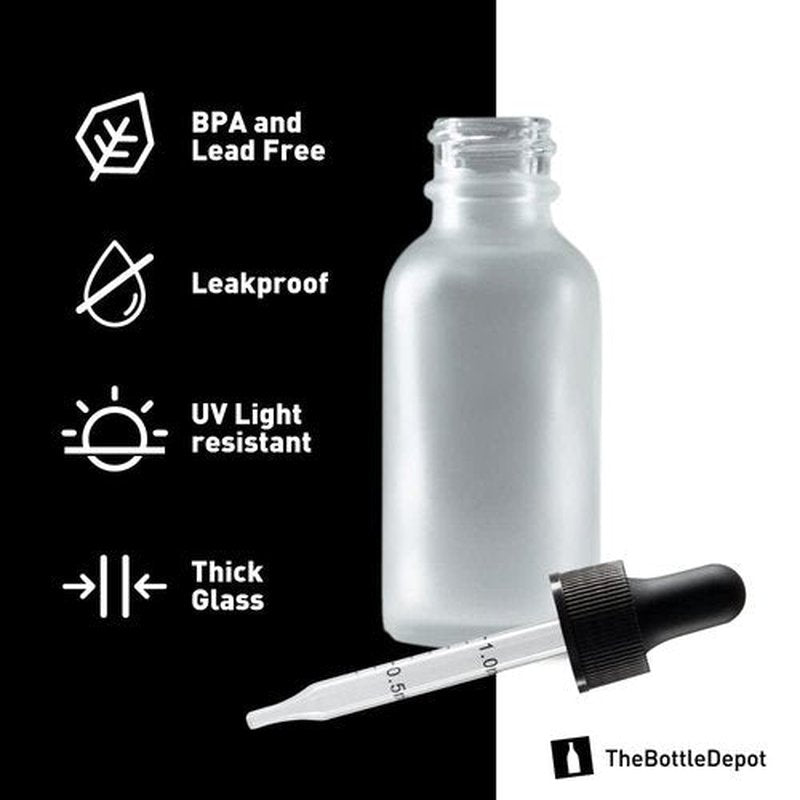 The Bottle Depot - 2 Pack - 1 oz Glass Bottle with Dropper - Clear Frosted - 20-400 Neck Finish - Boston Round Bottles - Leakproof Essential Oils Bottles