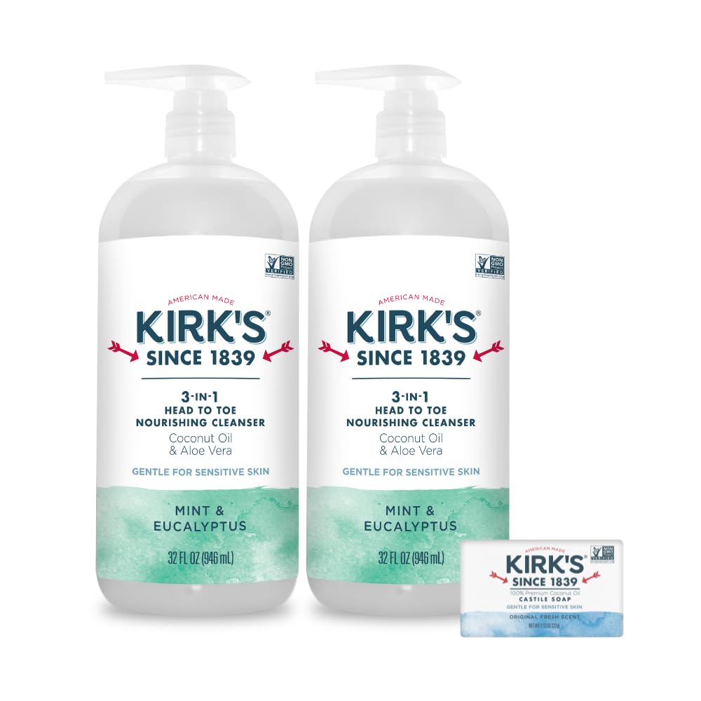 Kirk's 3-in-1 Head to Toe Nourishing Liquid Cleanser & Travel Size Bar Soap - for Men, Women & Children - Premium Coconut Oil & Aloe Vera- Non GMO & Vegan -Mint & Eucalyptus - 32 Fl Oz. 2 pack