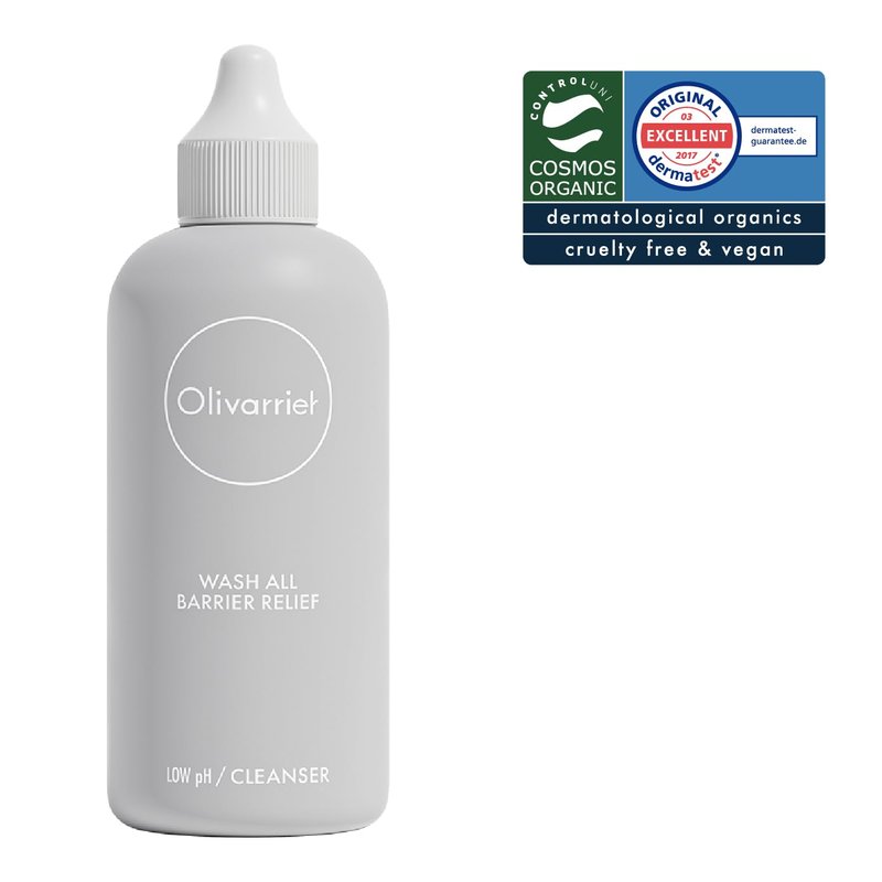 Olivarrier Wash All Barrier Relief 6.76 fl oz (200ml) – Hydrating & Moisturizing Low pH Organic Oil-to-Foam Cleanser for Sensitive & Dry Skin, Vegan, Fragrance-Free, Deep Clean & Barrier Support Care.