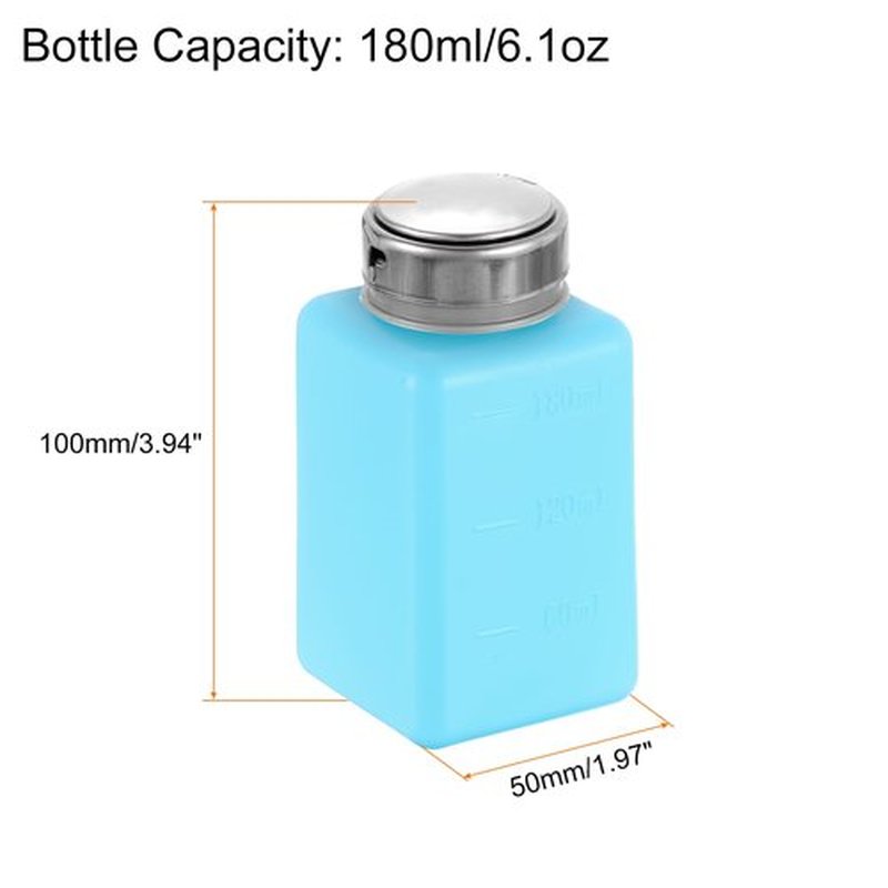 HARFINGTON 2pcs Solvent Alcohol Dispenser 180ml(6.1oz) Nail Polish Remover Push Down Liquid Dispenser Pump Bottle with Stainless Steel Press Head for Acetone Cleanser Polish Remover, Blue