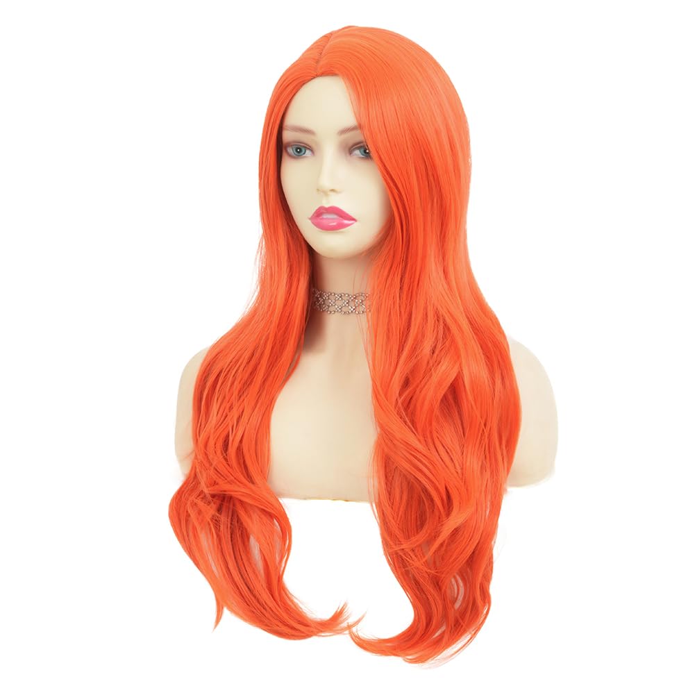 Tseses Orange Long Curly Wavy Womens Wig Hair Natural Looking Side Part Cosplay Halloween Synthetic Fiber Wig Heat Resistant Replacement Full Wig (Orange)