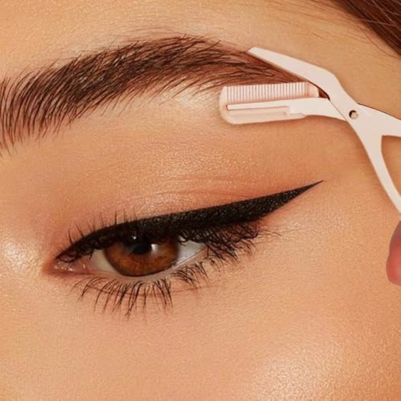 Eyebrow Trimming Scissors, Eyebrow Scissors with Comb, Non-Slip Eyebrow Trimming Razor, Hair Removal Eyebrow Scissors Makeup Tool, Precision Eyebrow Trimming Scissors Gifts for Men Women (A-Pink)