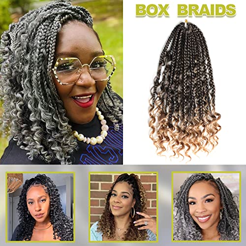 14 Inch Boho Box Braids 7 Packs Goddess Box Braids Crochet Hair Pre Looped Crochet Braids for Black Women Braiding Hair with Curly Ends Ombre Box Braids Hair(14 Inch, 7Packs, 1B/27)