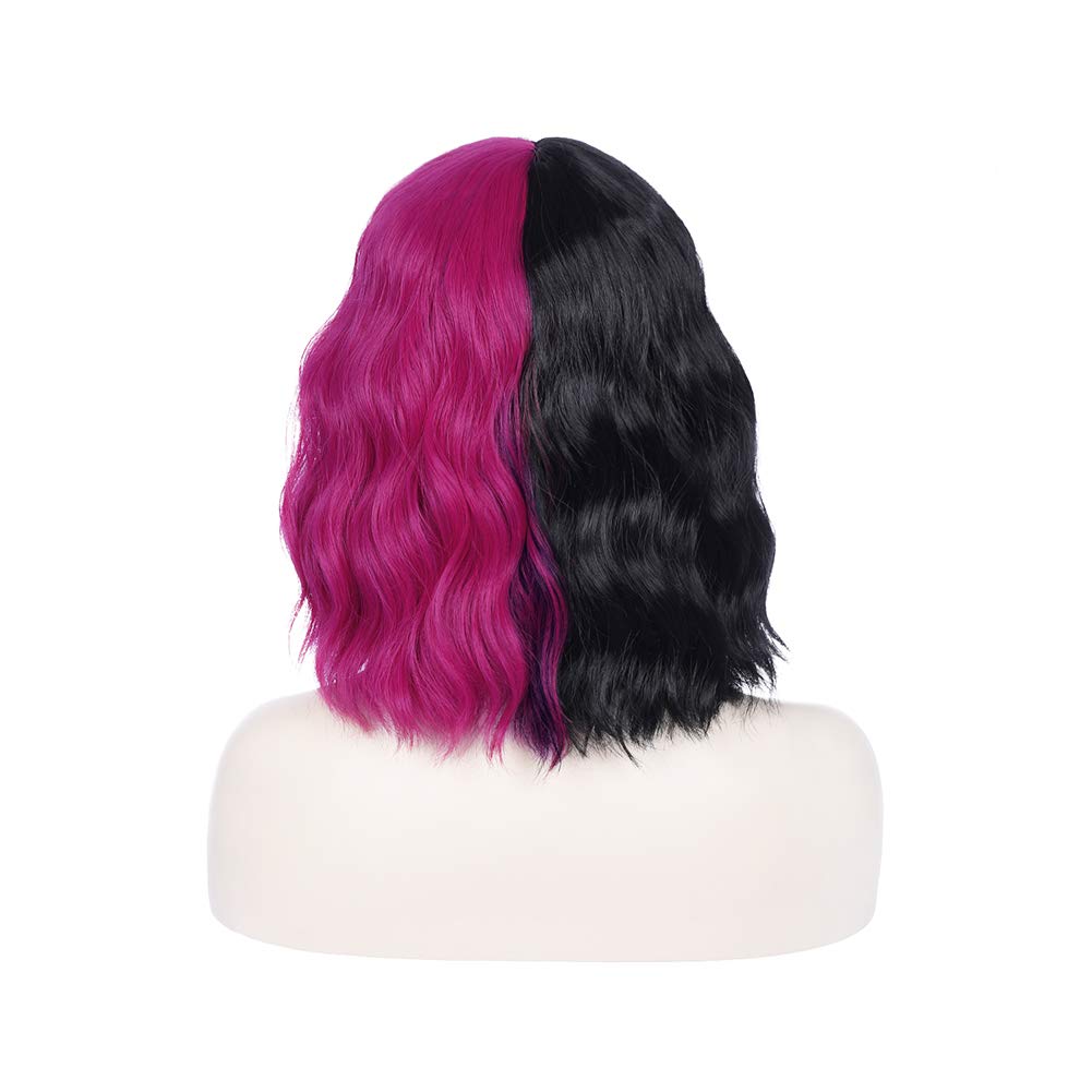 PATTNIUM Black Pink Wig Two Color Wig Short Curly Black Pink Wig With Bangs Half Black Pink Split Wig for Women Heat Resistant Synthetic Hair Cosplay Party Wig (Black and Hot Pink)