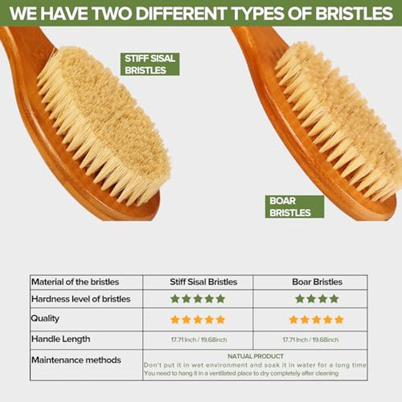 ICANdOIT-17.71Inch Natural Stiff Sisal Bristles Anti-Slip Long Handle Bath Brush,Bent Handle Shower Scrubber for Exfoliating,Shower Back Brush,Exfoliation Set with Pumice Stone(1 Pack)