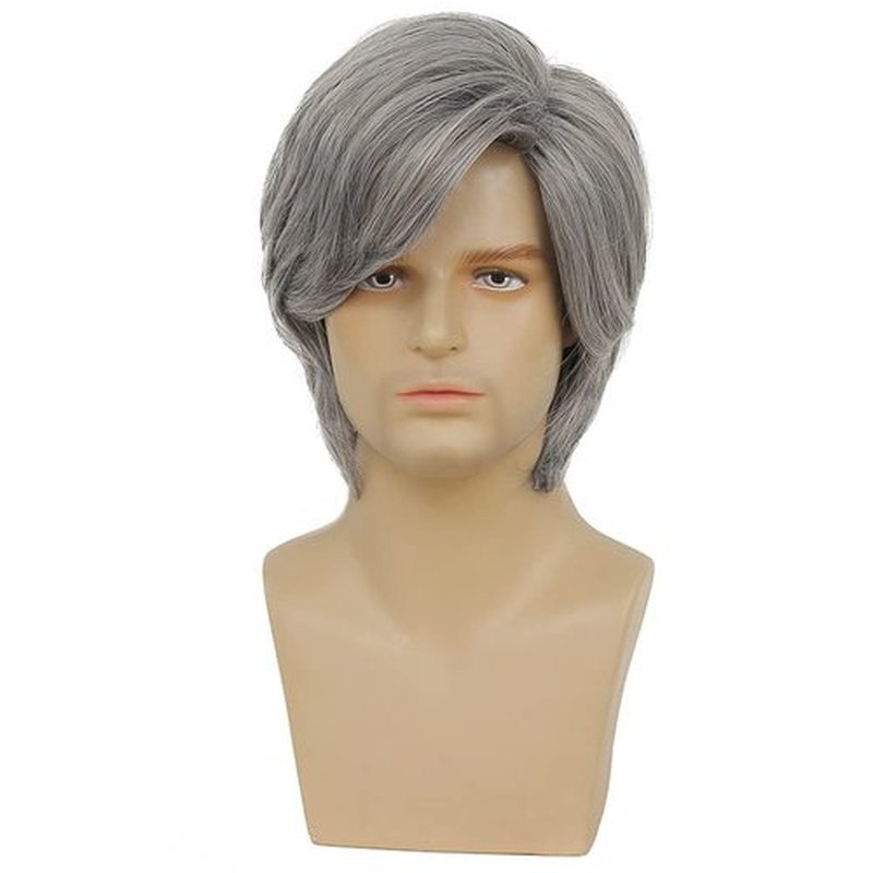 Swiking Men Grey Wigs Short Straight Layered Hair for Male Guy Fluffy Natural Hair Synthetic Halloween Cosplay Costume Wigs (Grey)