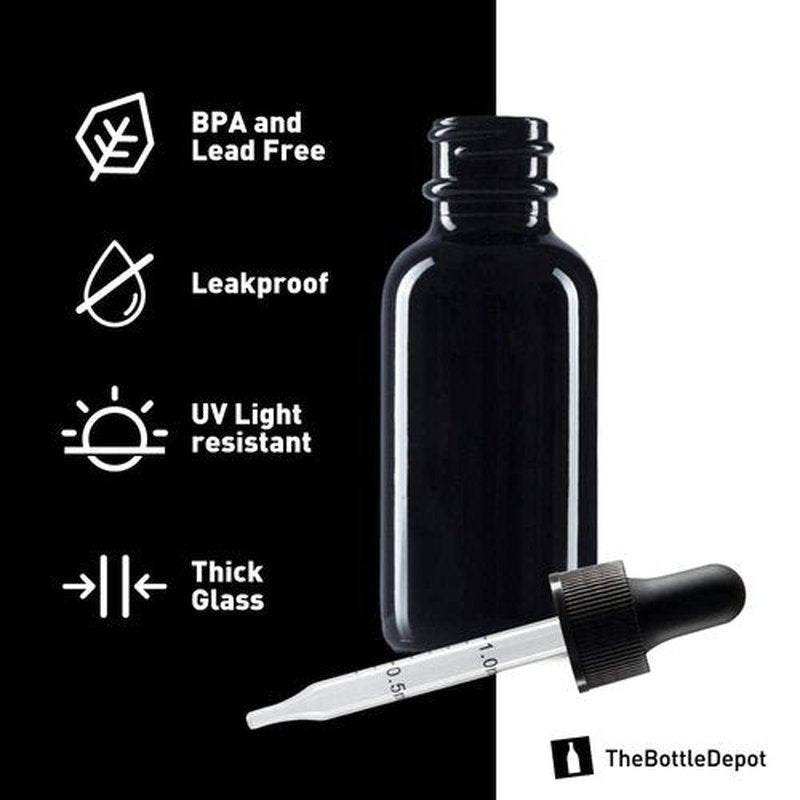 The Bottle Depot - 2 Pack - 1 oz Glass Bottle with Dropper - Black UV - 20-400 Neck Finish - Boston Round Bottles - Leakproof Essential Oils Bottles