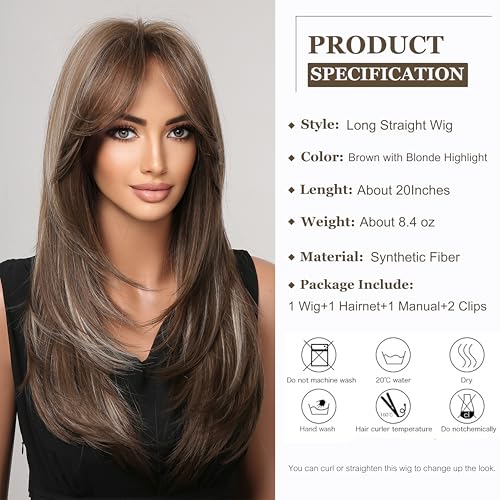 Esmee Long Straight Brown with Blonde Highlight Layered Synthetic Hair Wig with Curtain Bangs for Women for Daily Party Use-20 Inches