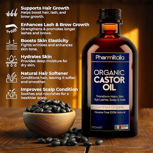 Pharmlitalia Organic Golden Castor Oil Cold Pressed Unrefined Glass Bottle - Hexane free Golden Castor Oil for face, hairs, Eyelashes, Skin care and Nails - 500ml