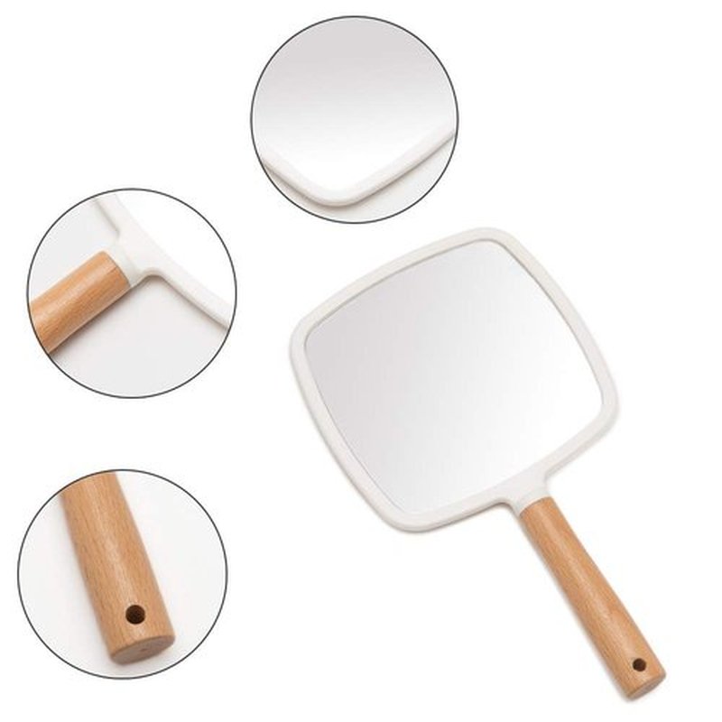 YEAKE Hand Held Mirror with Handle for Makeup,Small Cute Wood Hand Mirror for Shaving with Hole Hanging Single-Sided Portable Travel Vanity Mirror for Men&Women(Square)
