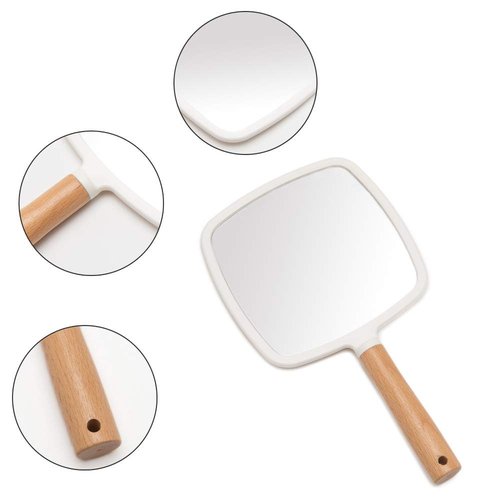YEAKE Hand Held Mirror with Handle for Makeup,Small Cute Wood Hand Mirror for Shaving with Hole Hanging Single-Sided Portable Travel Vanity Mirror for Men&Women(Square)