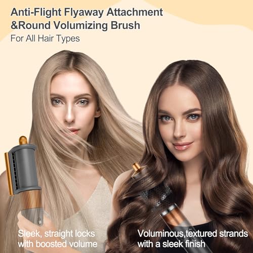 AFDD Round Volumizing Brush and Anti-Flight Flyaway Attachment for Dyson Airwrap Styler HS01/HS05, Hair Smoothing Drying Volumizer Styling Kit Attachment Compatible with Airwrap(Gold)