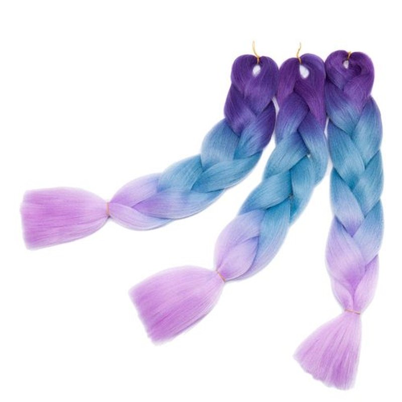 24" Ombre Jumbo Braiding Hair 3 Tone Colored Jumbo Braids Crochet Hair Extensions Box Twist Braid Crochet Hair Ombre Long Jumbo Braids High Temperature (3 Bundles,purple to lake blue to purple)